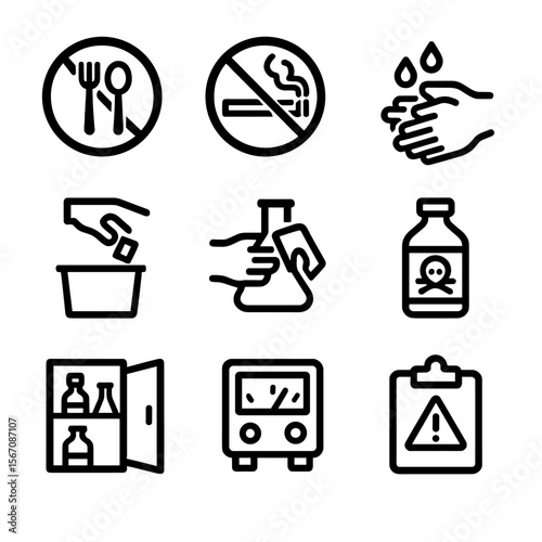 Lab Safety Icons. Solid, filled icon set of safe lab behaviors: no eating sign, no smoking sign, hand washing, proper waste
