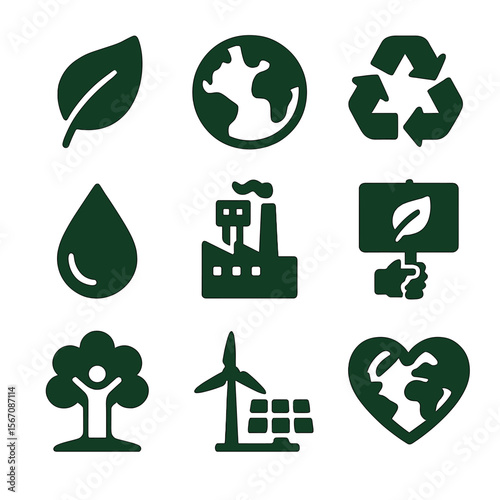 Environmental Justice Icons. Solid, filled icons set of environmental justice: green leaf, earth globe,
