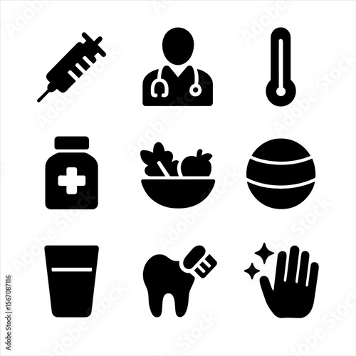 Health Milestones Icons. Solid, filled icon set of health and wellness milestones: vaccination syringe, doctor, thermometer,