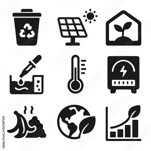 Environmental Science Icons. Solid, filled icons set of environmental science projects: recycle bin, solar