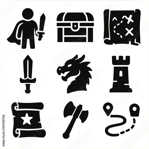 Epic Quest Icons. Solid, filled icons set of epic quest storylines: hero icon, treasure chest, ancient map,