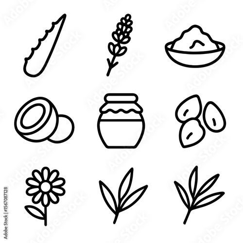 Natural Beauty Icons. Solid, filled icon set of natural ingredients for personalized beauty: aloe leaf, lavender flower, shea