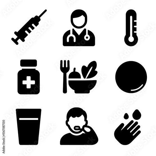 Health Milestones Icons. Solid, filled icon set of health and wellness milestones: vaccination syringe, doctor, thermometer,