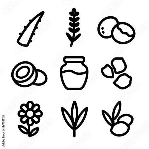 Natural Beauty Icons. Solid, filled icon set of natural ingredients for personalized beauty: aloe leaf, lavender flower, shea