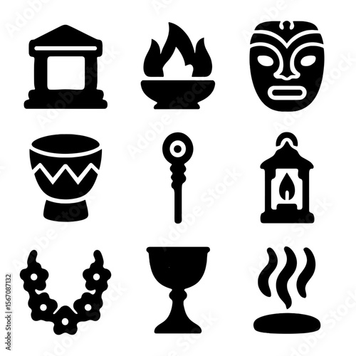 Mythical Ritual Icons. Solid, filled icon set of mythical rituals and celebrations: altar, fire pit, ceremonial mask, drum, staff,