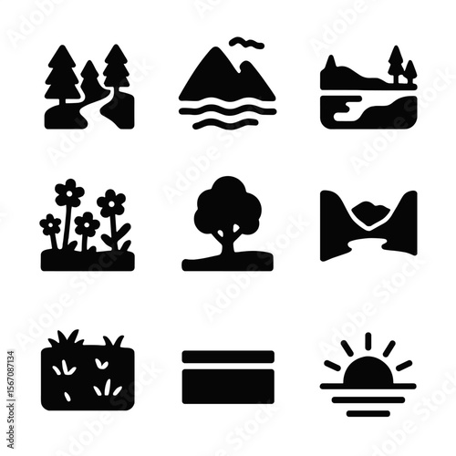 Landscape Icon Grid. Solid, filled icon set of peaceful landscapes: forest path, misty mountain, calm lake, wildflower field, lone