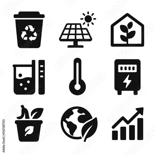 Environmental Science Icons. Solid, filled icons set of environmental science projects: recycle bin, solar