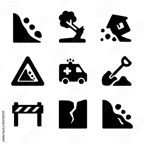 Landslide Icons Grid. Solid, filled icon set of landslide and mudslide: moving earth, broken tree, tilted house, debris flow,