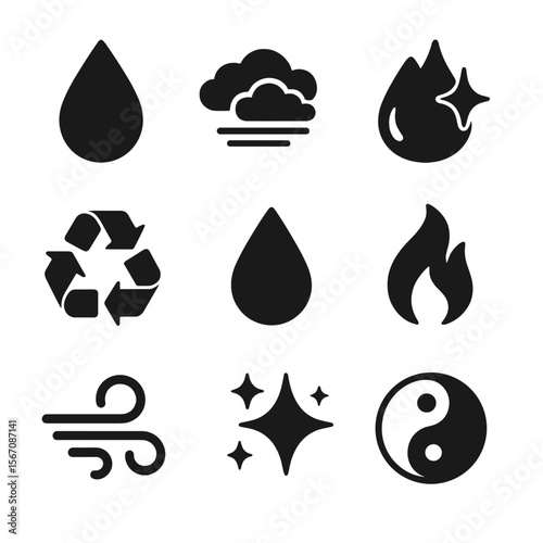 Environmental Purity Icons. Solid, filled icons set of environmental purity concepts: water icon, clean air,