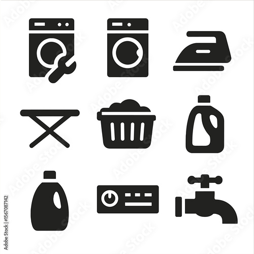 Laundry Appliance Icons. Solid, filled icon set of laundry appliance repairs: washing machine, dryer, iron, ironing board, laundry