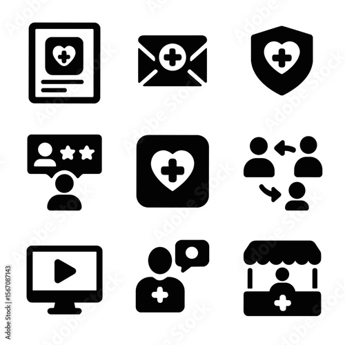 Health Startup Icons. Solid, filled icon set of health startup marketing: social media post, email campaign, brand logo, user