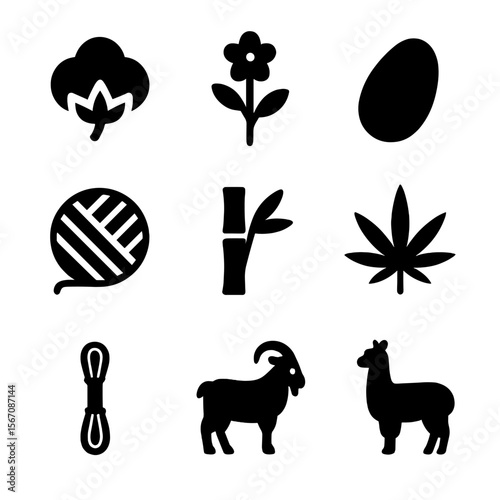 Natural Fashion Icons. Solid, filled icon set of natural fashion materials: cotton boll, flax plant, silk cocoon, wool yarn,