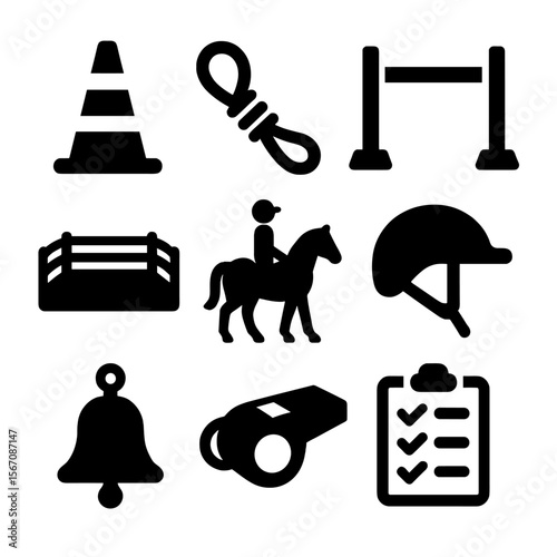 Equestrian Training Icons. Solid, filled icons set of equestrian training for families: training cone, lead