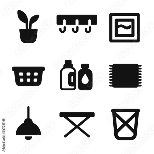 Laundry Room Icons. Solid, filled icon set of laundry room decor: plants, wall hooks, laundry signs, baskets, laundry detergent