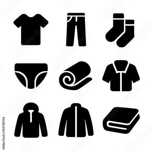 Laundry Icons Grid. Solid, filled icon set of common laundry items: t-shirt, jeans, socks, underwear, towel, shirt collar, hoodie,