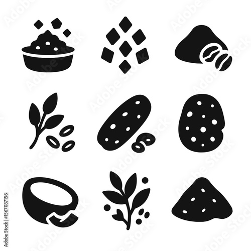 Natural Exfoliants Icons. Solid, filled icon set of natural body exfoliants: sea salt, sugar crystals, coffee grounds, oatmeal,