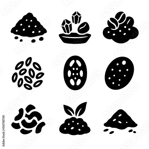 Natural Exfoliants Icons. Solid, filled icon set of natural body exfoliants: sea salt, sugar crystals, coffee grounds, oatmeal,