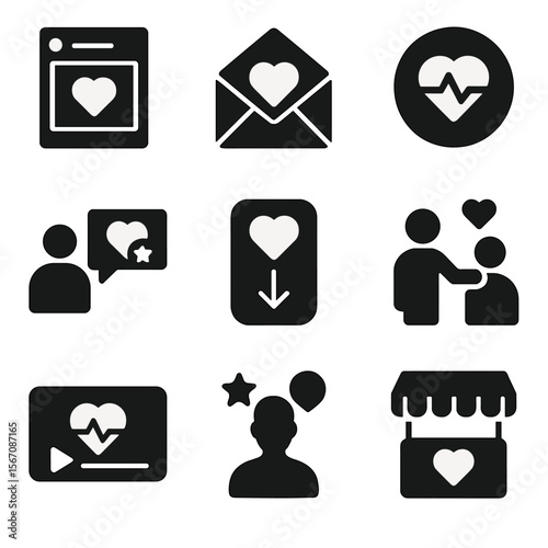 Health Startup Icons. Solid, filled icon set of health startup marketing: social media post, email campaign, brand logo, user