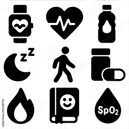 Health Monitoring Icons. Solid, filled icon set of health monitoring: smartwatch, heart rate, hydration tracker, sleep monitor,