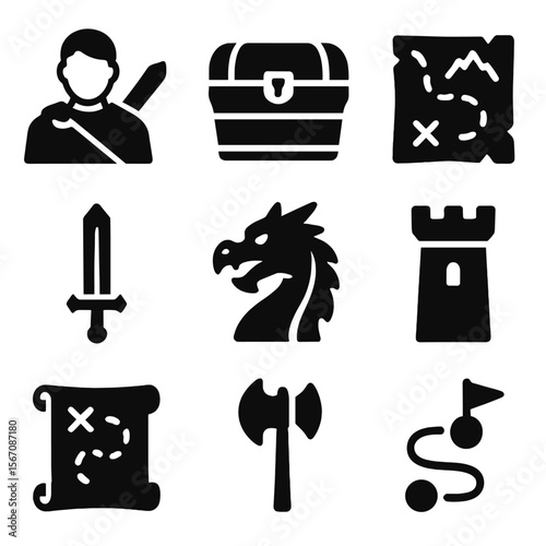 Epic Quest Icons. Solid, filled icons set of epic quest storylines: hero icon, treasure chest, ancient map,