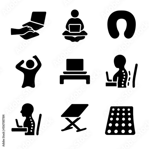 Ergonomic Home Office Icons. Solid, filled icons set of ergonomic laptop work at home: wrist support, lap desk