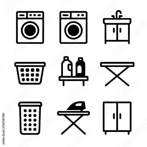 Laundry Room Essentials. Solid, filled icon set of laundry room essentials: washing machine, dryer, laundry sink, laundry basket,
