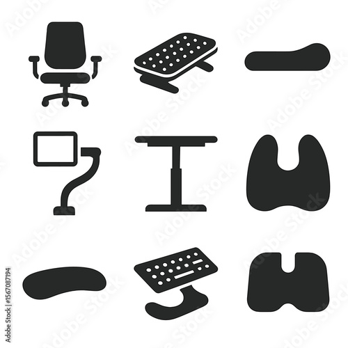 Ergonomic Office Icons. Solid, filled icons set of ergonomic office tools: adjustable chair, footrest, wrist