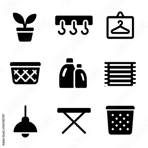 Laundry Room Icons. Solid, filled icon set of laundry room decor: plants, wall hooks, laundry signs, baskets, laundry detergent