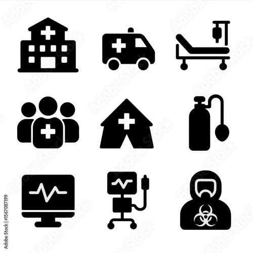 Healthcare Measures Icons. Solid, filled icon set of healthcare measures during pandemics: hospital building, ambulance, ICU bed,