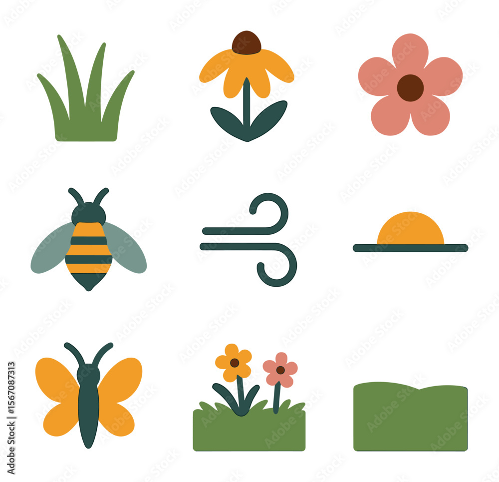Naklejka premium Wildflower Icon Grid. Solid, filled icons set of wildflower prairie: tall grass, orange bloom, pink petals,