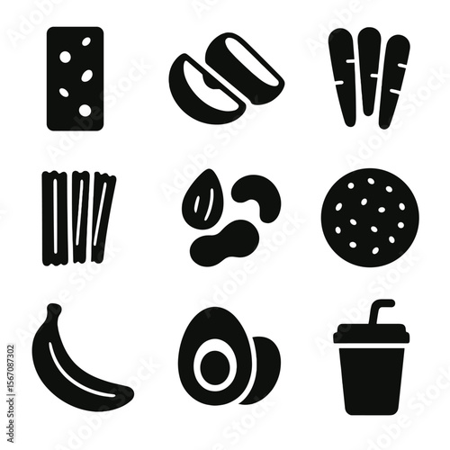 Healthy Snack Icons. Solid, filled icon set of healthy table snacks: granola bar, apple slices, baby carrots, celery sticks, nuts,