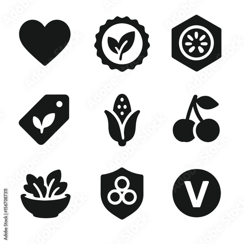 Healthy Salad Icons. Solid, filled icon set of healthy salad symbols: heart icon, organic label, low calorie badge, vegan tag,