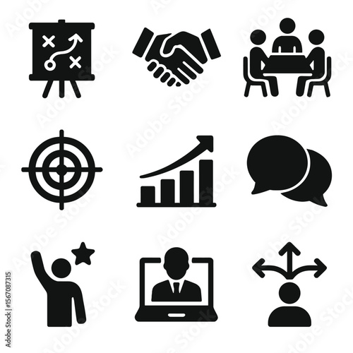 Leadership Icon Set. Solid, filled icon set of leadership and management: strategy board, handshake, team meeting, goal target,