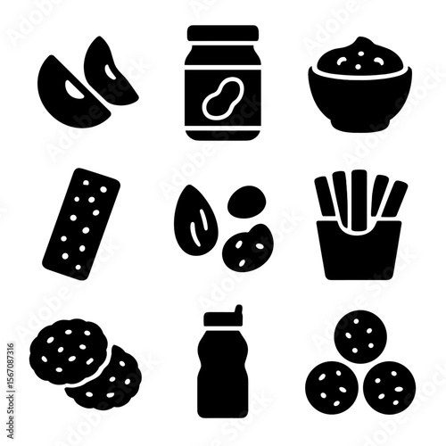 Healthy Snacks Icons. Solid, filled icon set of healthy snacks prep: apple slices, nut jar, hummus dip, granola bar, trail mix,