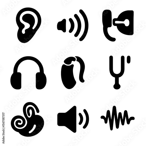 Hearing Icon Set. Solid, filled icon set of the sense of hearing: ear, sound wave, eardrum, headphones, hearing aid, tuning fork,