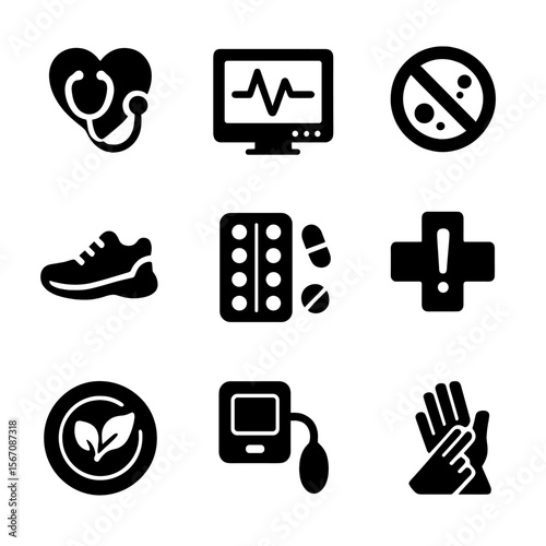 Heart Health Icons. Solid, filled icon set of heart disease prevention: heart with stethoscope, ECG monitor, low-sodium label,