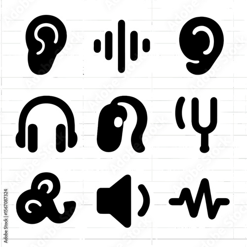 Hearing Icon Set. Solid, filled icon set of the sense of hearing: ear, sound wave, eardrum, headphones, hearing aid, tuning fork,