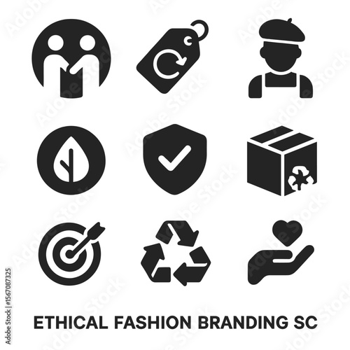 Ethical Fashion Icons. Solid, filled icons set of ethical fashion branding: fair trade icon, slow fashion tag,