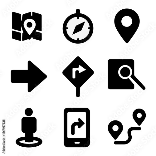 Navigation Tool Icons. Solid, filled icon set of navigation tools: GPS map, compass icon, road marker, wayfinding arrow, detour
