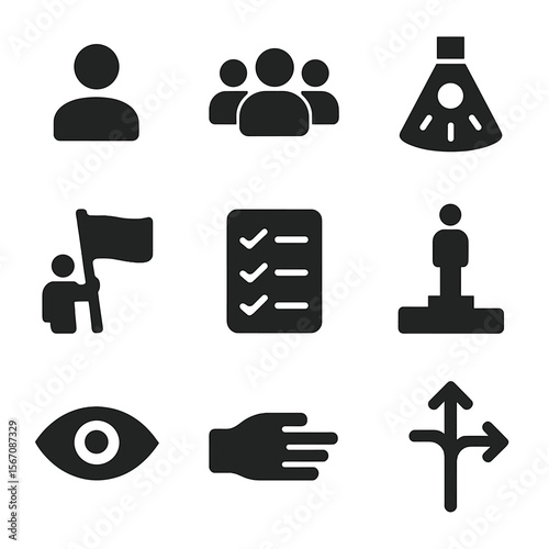 Leadership Icons Grid. Solid, filled icon set of leadership and influence: leader figure, group of people, spotlight icon, flag