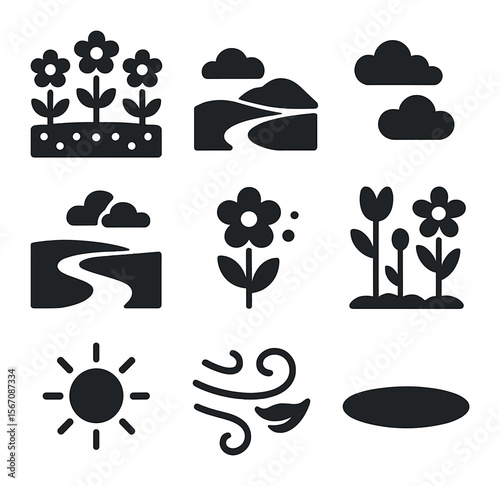 Floral Landscape Icons. Solid, filled icons set of floral landscape: flower rows, distant hill, clouds, path,