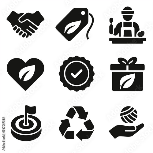 Ethical Fashion Icons. Solid, filled icons set of ethical fashion branding: fair trade icon, slow fashion tag,