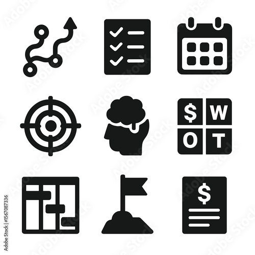 Leadership Strategy Icons. Solid, filled icon set of leadership planning and strategy: roadmap, checklist, calendar, target,