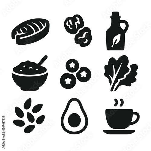 Heart-Healthy Foods Grid. Solid, filled icon set of heart-healthy meals: salmon, walnuts, olive oil bottle, oatmeal bowl,