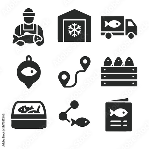 Ethical Seafood Icons Grid. Solid, filled icons set of ethical seafood supply chain: fisherman icon, cold