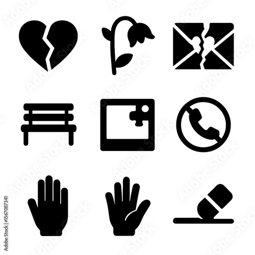 Heartbreak Icons Set. Solid, filled icon set of heartbreak symbols: split heart, wilted flower, love letter torn, lonely bench,