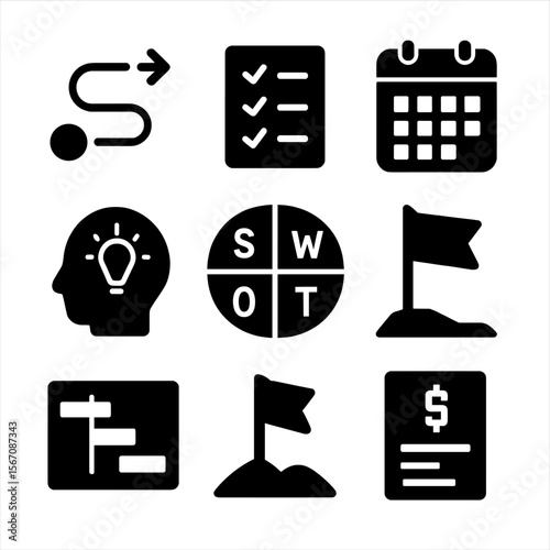 Leadership Strategy Icons. Solid, filled icon set of leadership planning and strategy: roadmap, checklist, calendar, target,