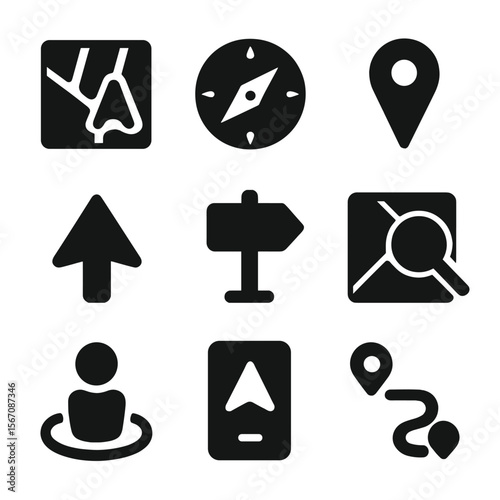 Navigation Tool Icons. Solid, filled icon set of navigation tools: GPS map, compass icon, road marker, wayfinding arrow, detour