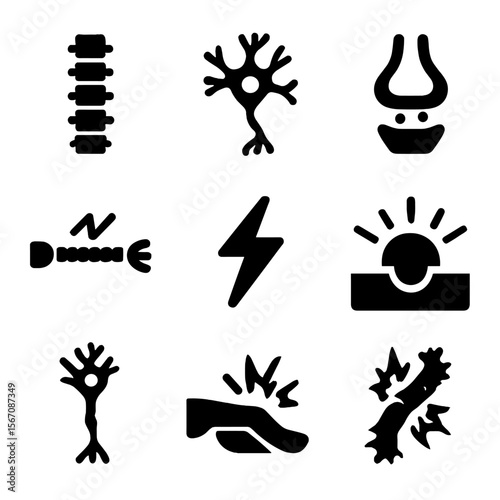Nerve Pathways Icons. Solid, filled icon set of nerve signals and pain pathways: spinal cord, brain neuron, synapse, nerve impulse