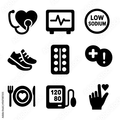 Heart Health Icons. Solid, filled icon set of heart disease prevention: heart with stethoscope, ECG monitor, low-sodium label,
